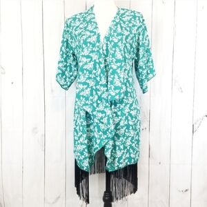 LuLaRoe Monroe Rose Print Fringe Kimono